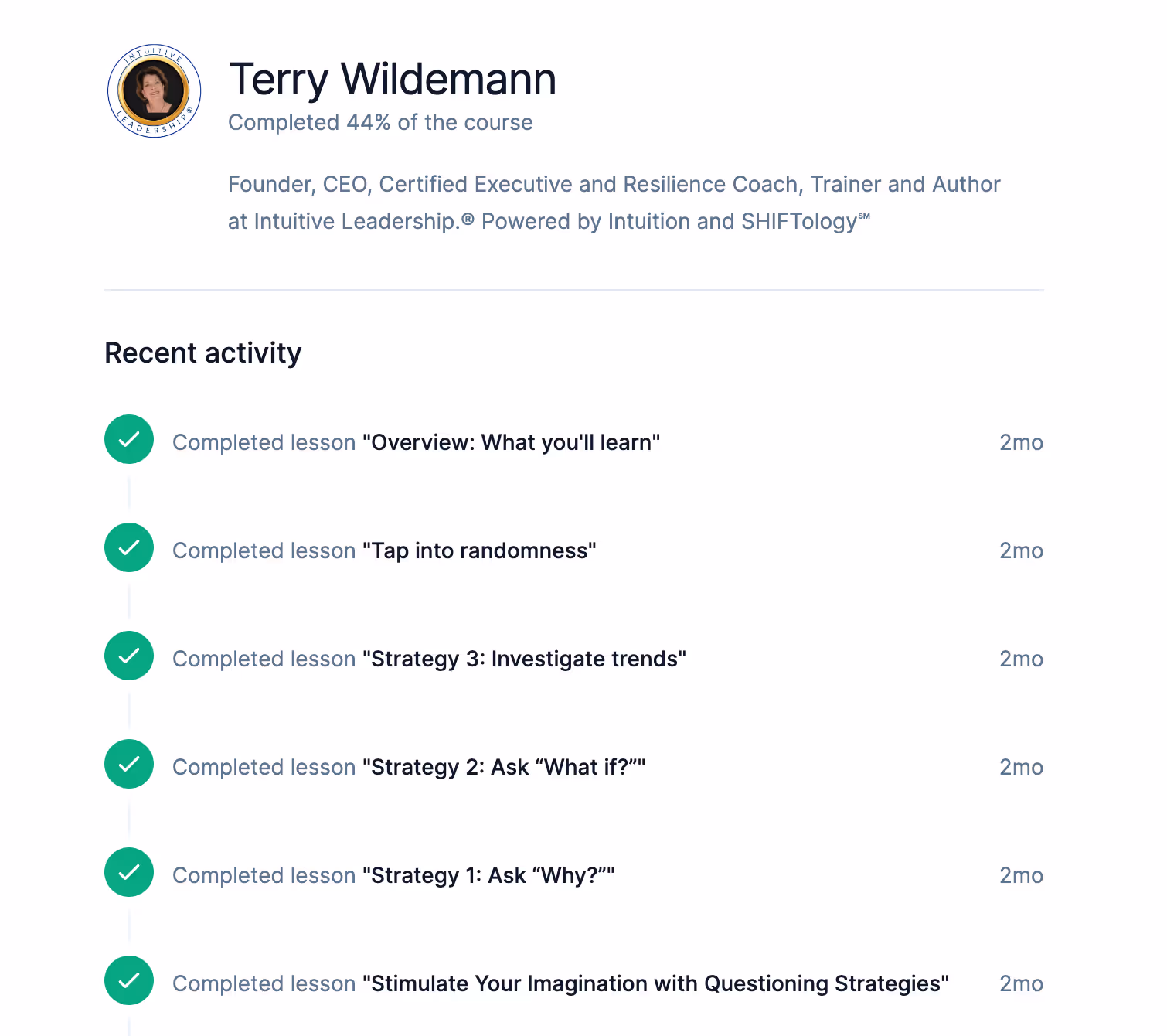 Ruzuku student profile showing course progress, exercise submissions, and engagement